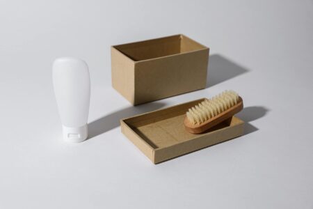 Various consumer product packages arranged on a modern workspace