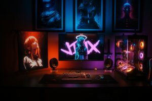 Modern gaming setup with multiple monitors showing Discord interface and community chat