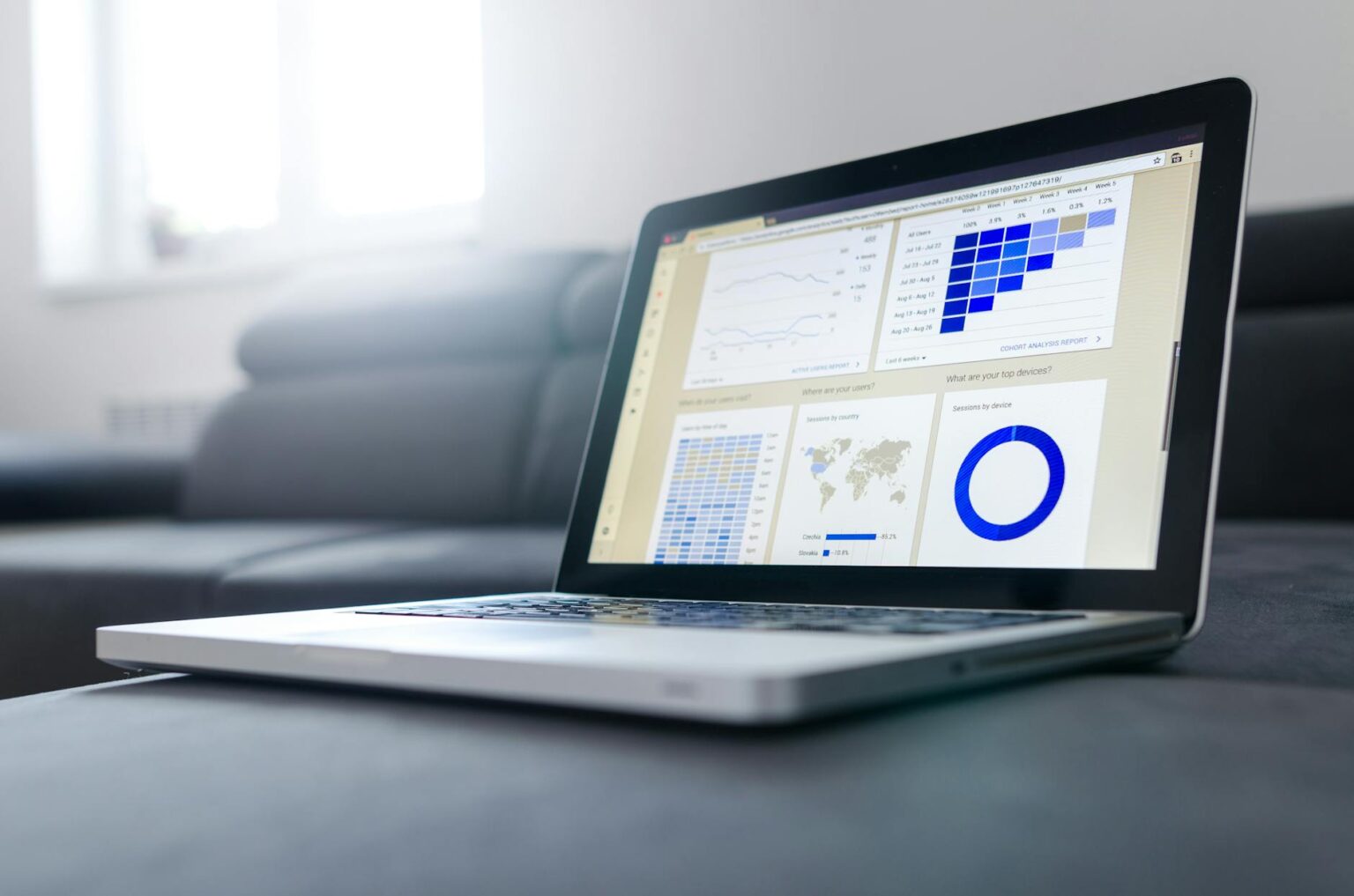 Laptop displaying colorful analytics dashboard with engagement metrics and social media performance charts