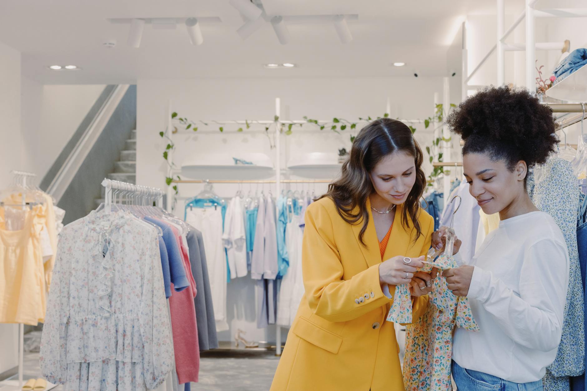 Modern clothing store interior with organized fashion displays and digital screens