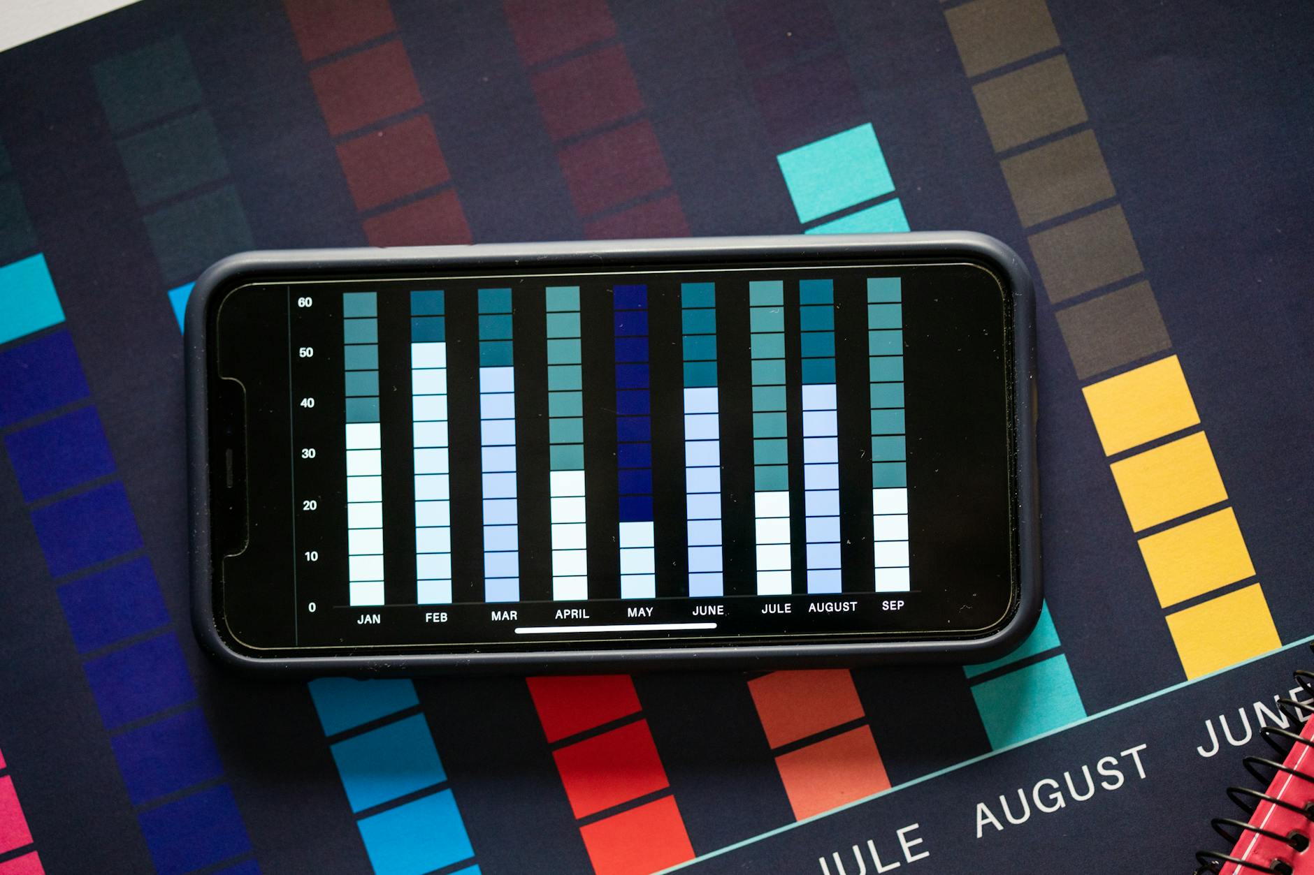 Person holding smartphone showing social media analytics charts and engagement statistics on screen