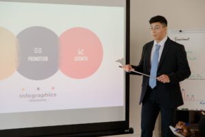 A person reviewing a polished slide presentation on a laptop screen
