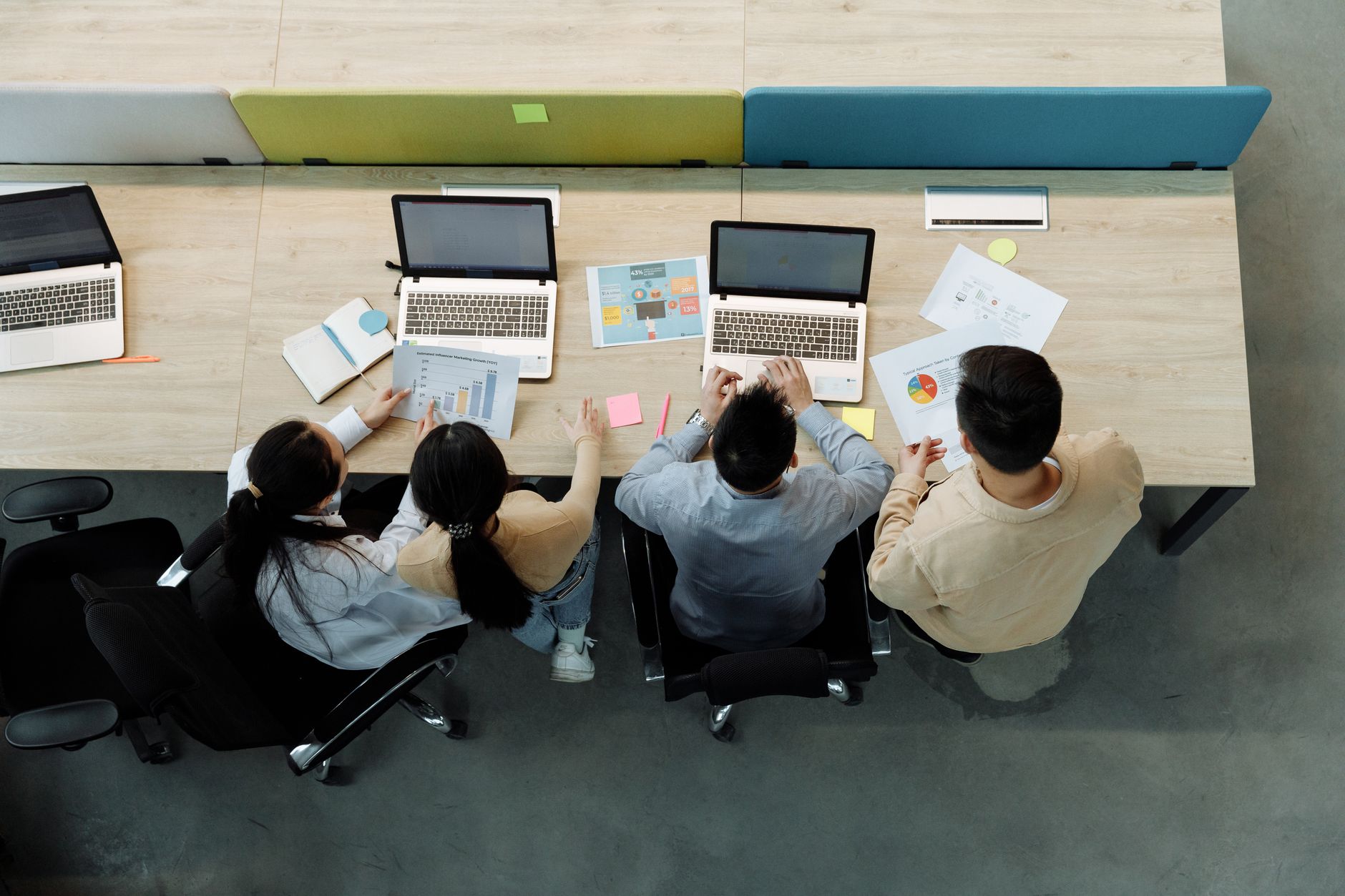 Marketing team reviewing digital campaign results together at a desk