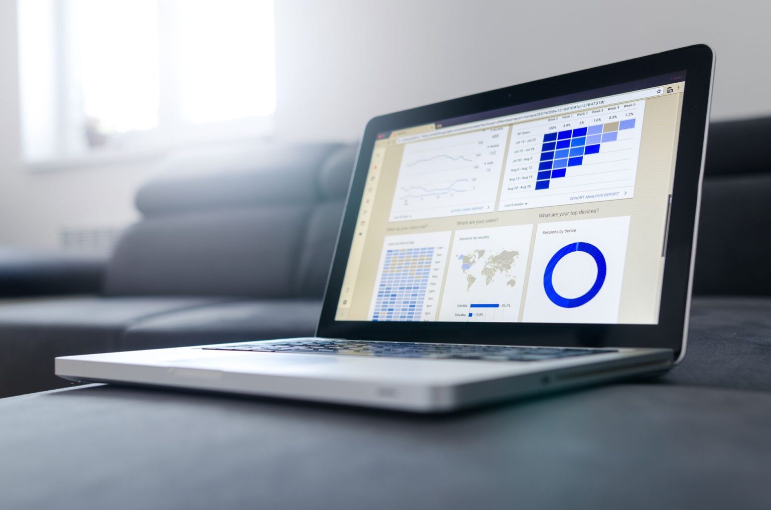 A creator reviewing link analytics on a laptop dashboard