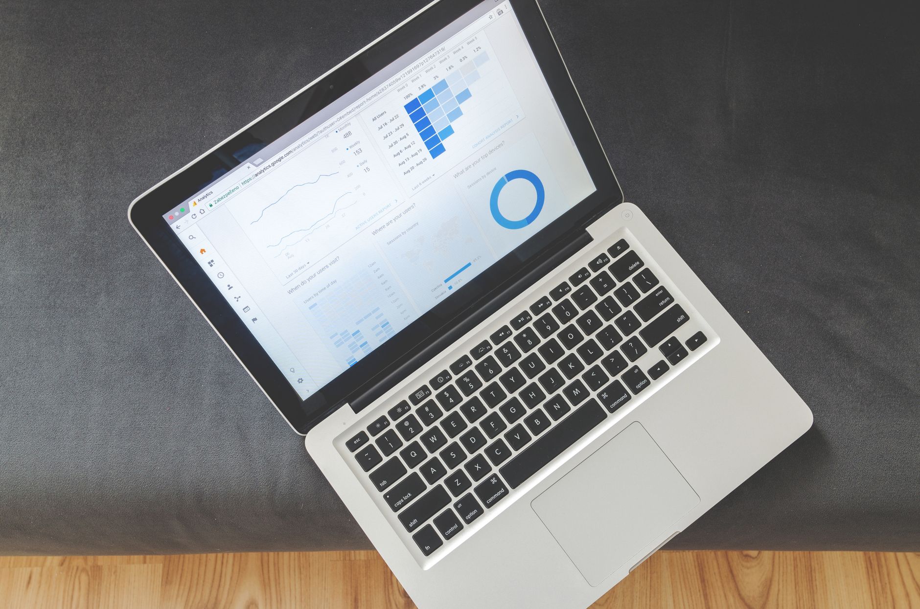 Project management dashboard displayed on a laptop screen in a modern office setting
